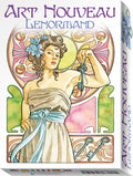 Art Nouveau Lenormand card deck packaging with a woman holding keys and floral design.