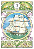 Decorative card with a ship, frogs, and number 3 in an Art Nouveau style.