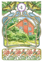 Illustration of a house with butterflies and decorative elements
