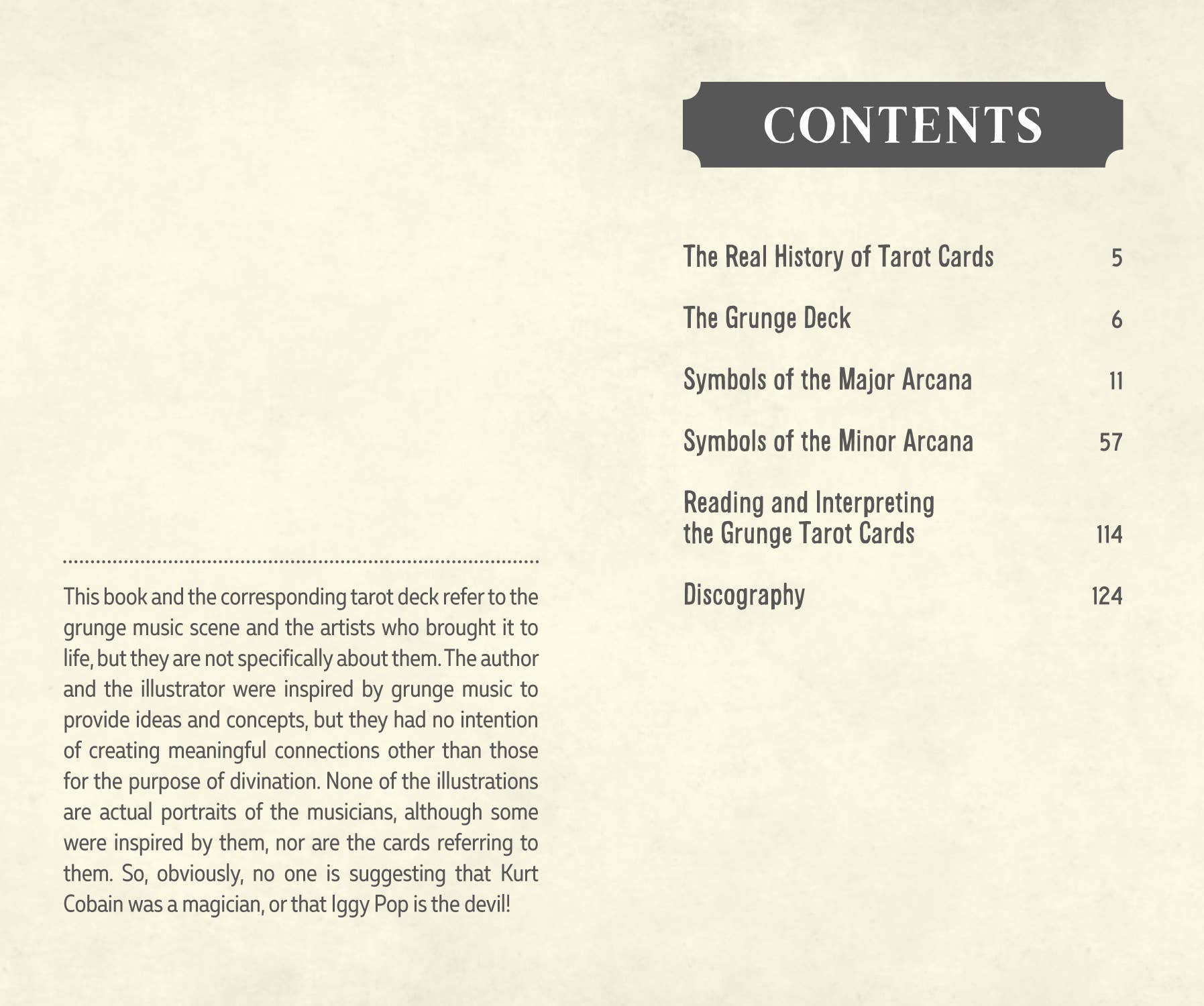 Table of contents for a book or deck of tarot cards on a beige background