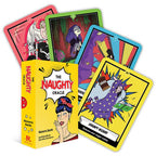 Colorful tarot cards from 'The Naughty Oracle' with vibrant illustrations and a yellow box.