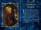 Magician's manual with an illustration of a magician holding a glass of red wine on a blue background.