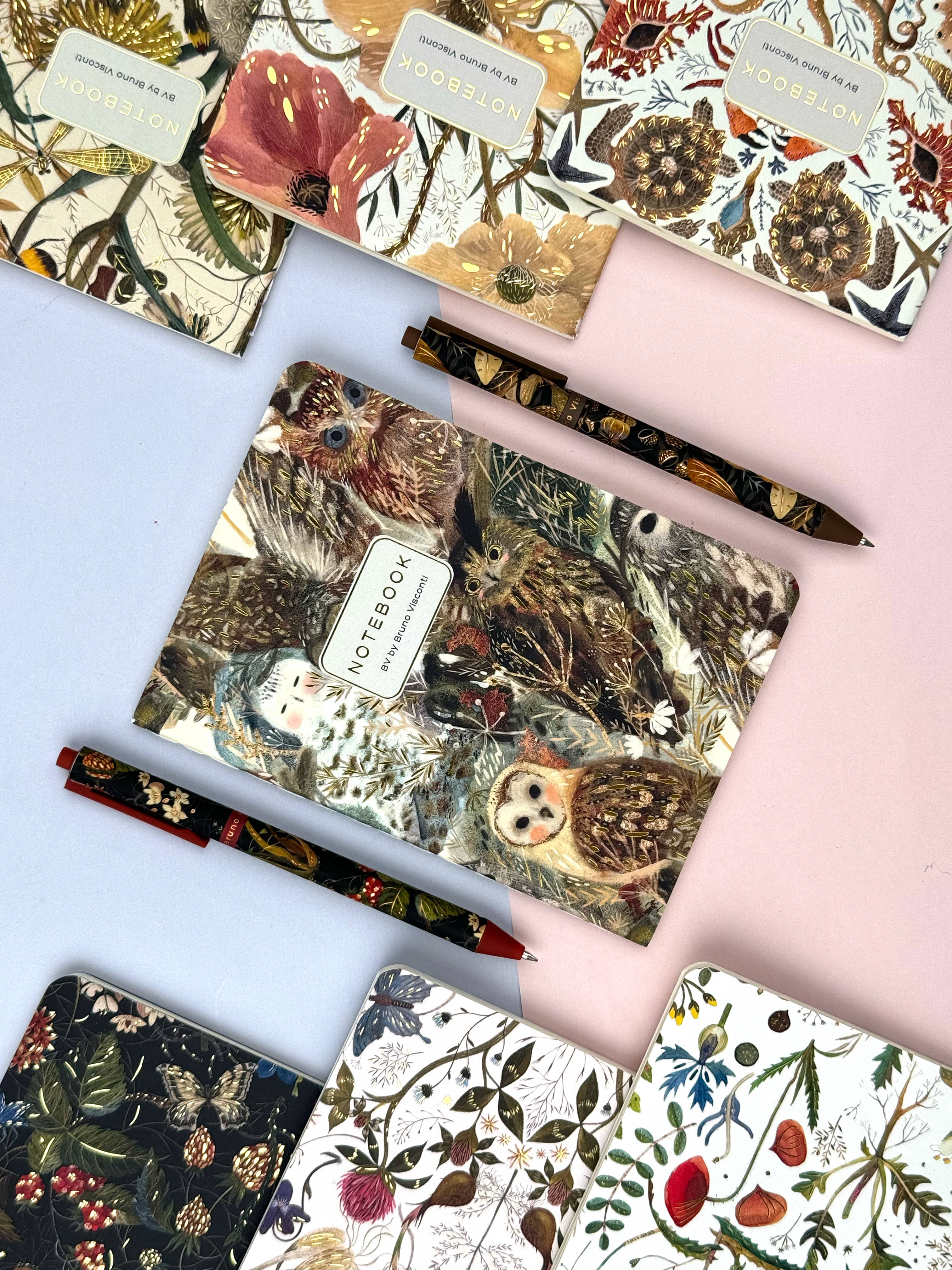Collection of notebooks with nature-themed designs and matching pens on a light blue background.