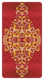 Decorative card with intricate gold and white pattern on a red background