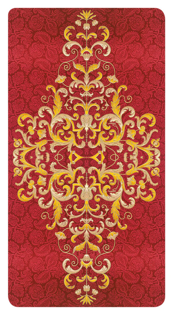 Decorative card with intricate gold and white pattern on a red background