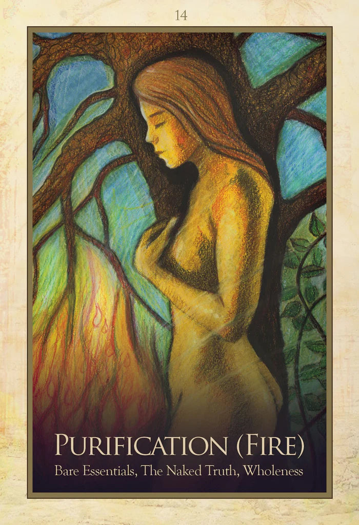Artistic depiction of a nude figure with tree-like branches, titled 'Purification (Fire)'.