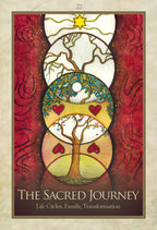 Decorative poster titled 'The Sacred Journey' with artistic design elements on a red background.