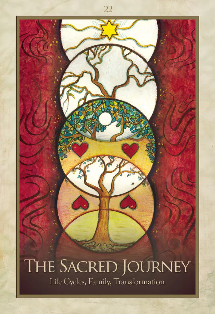 Decorative poster titled 'The Sacred Journey' with artistic design elements on a red background.