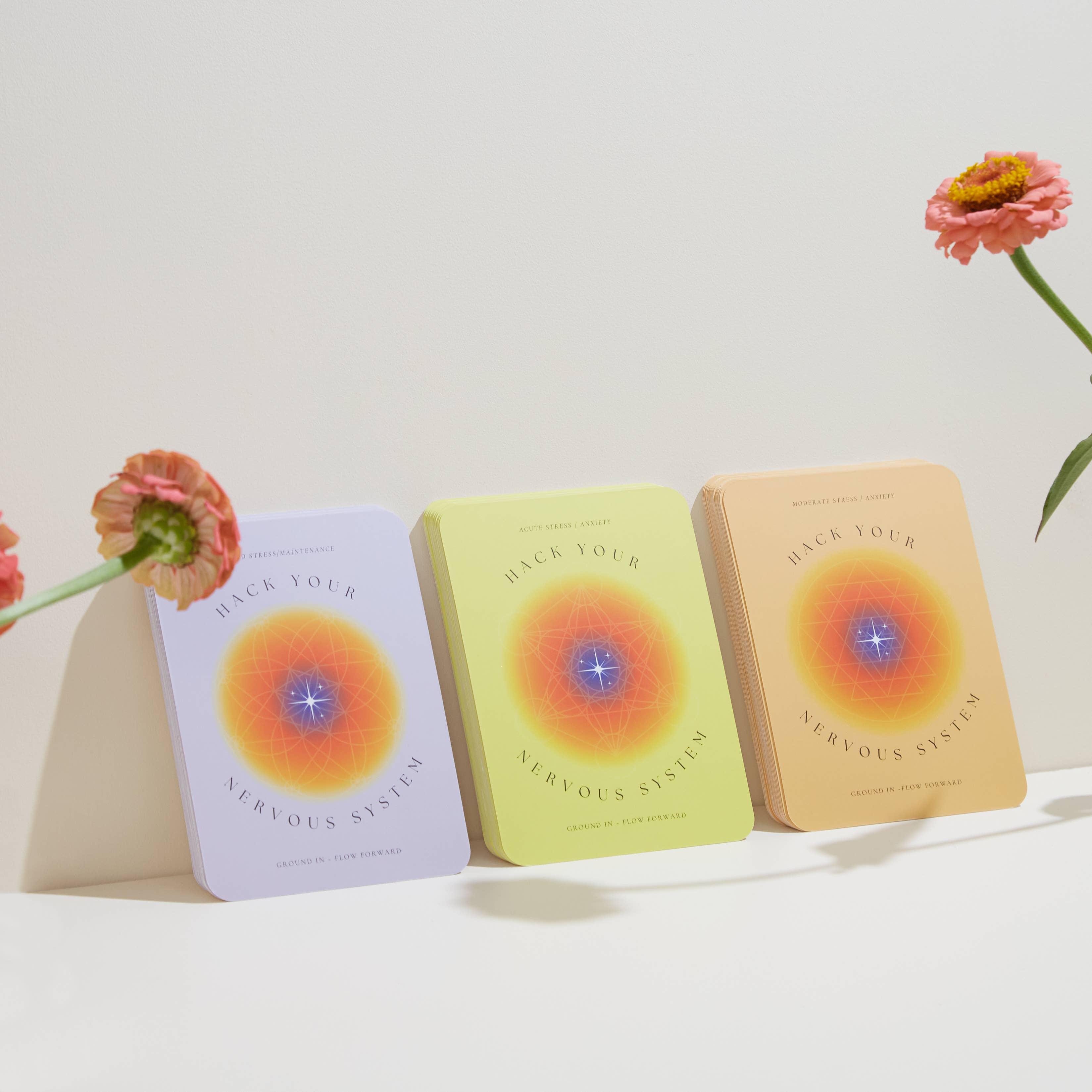 Three books titled 'Back Your Nervous System' with colorful covers on a white surface, accompanied by flowers.