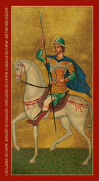 Medieval knight on horseback with armor and spear, on a gold background