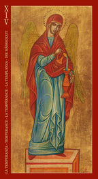 Artistic depiction of an angel with a red head covering and blue robe on a textured background.