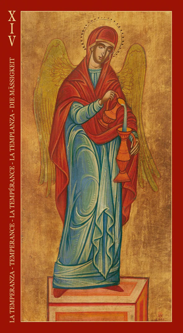 Artistic depiction of an angel with a red head covering and blue robe on a textured background.