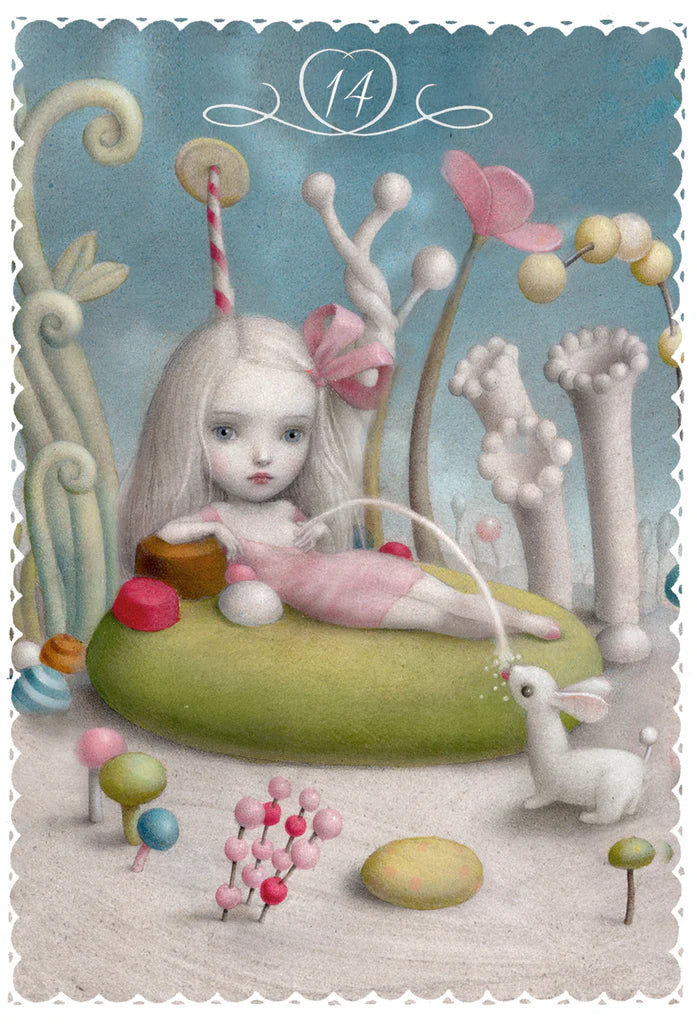 Fantasy illustration of a child with white hair lying on a green cushion surrounded by colorful objects and plants.