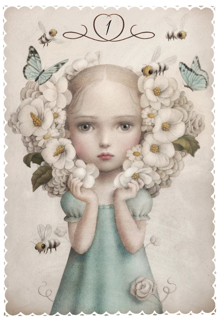 Illustration of a girl with flowers and butterflies around her head