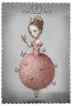 Illustration of a girl in a pink dress surrounded by birds on a textured gray background