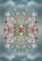 Decorative floral design with colorful beads on a textured blue background