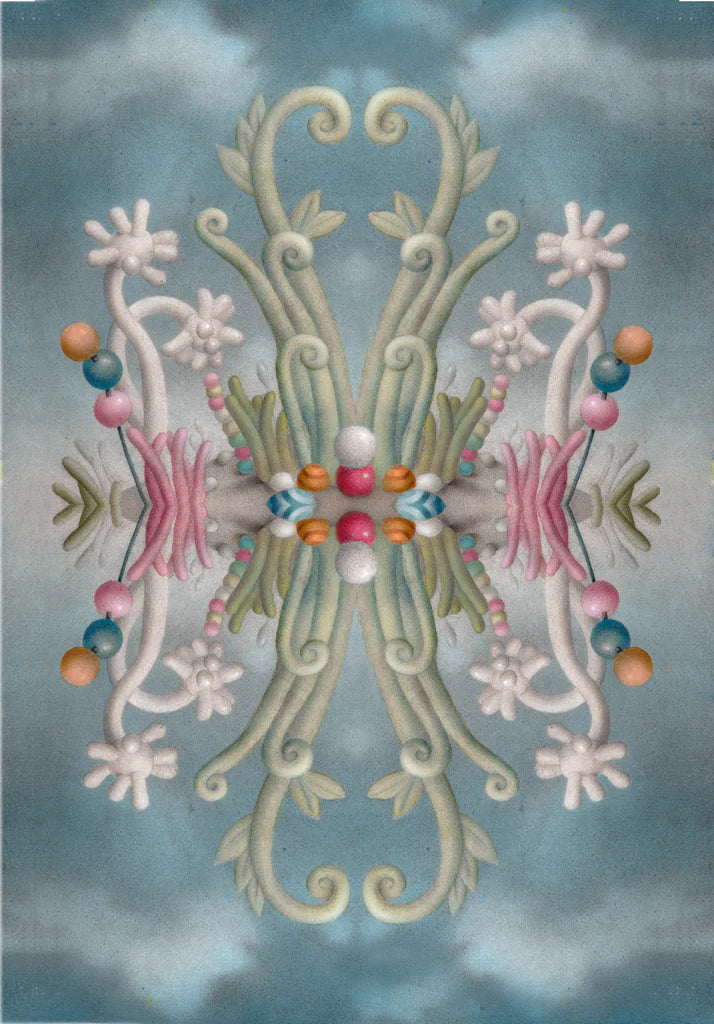 Decorative floral design with colorful beads on a textured blue background