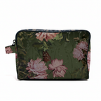 Floral patterned pouch with pink flowers and green leaves on a white background