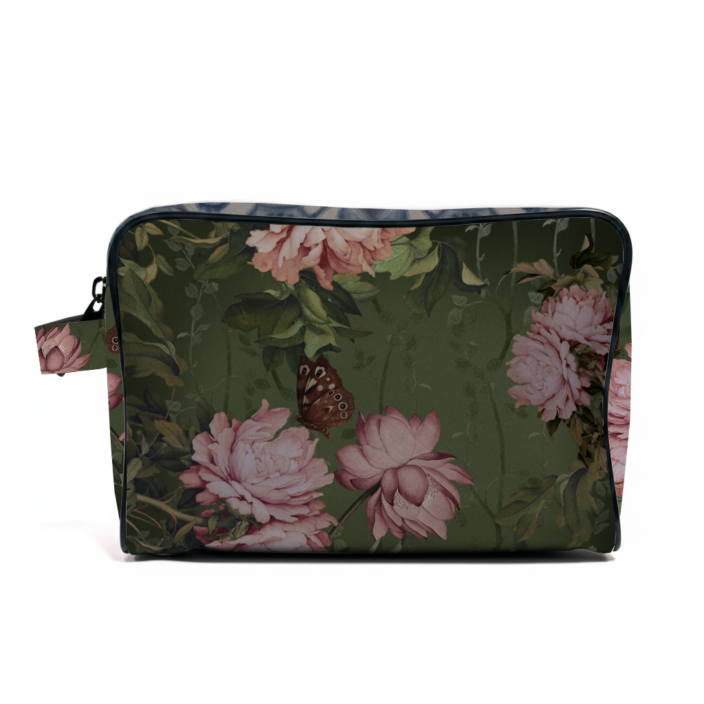 Floral patterned pouch with pink flowers and green leaves on a white background