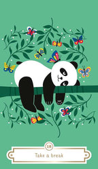 Panda lying on a branch with butterflies and flowers on a green background, featuring the text 'Take a break'.