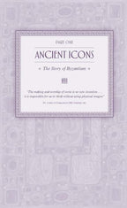 Book cover with title 'Ancient Icons: The Story of Byzantium' on a decorative purple background