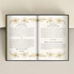 Open book with astrological text and decorative elements on a light background