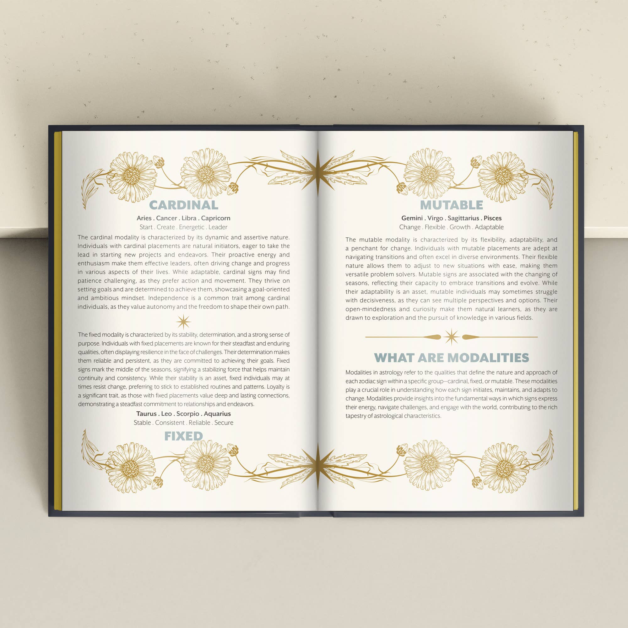 Open book with astrological text and decorative elements on a light background