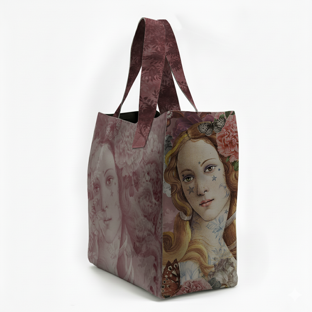 Tote bag with artistic design of a woman's face on a white background
