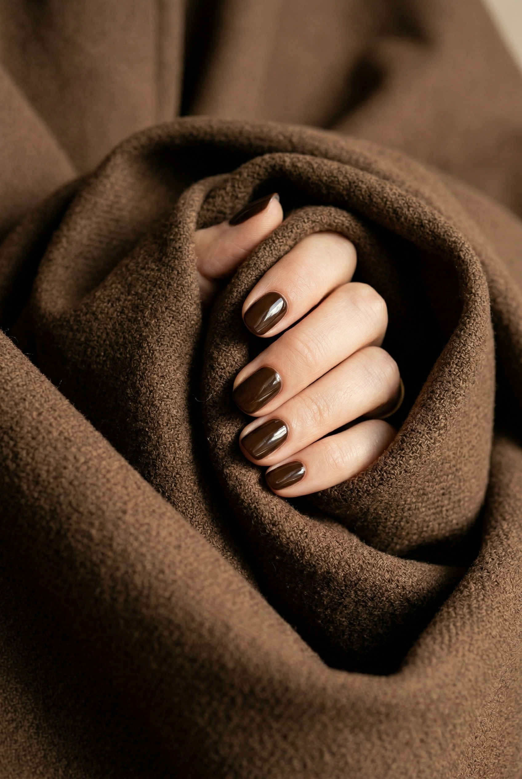 Close-up of a hand with dark nail polish holding brown fabric
