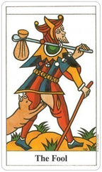 Card from a tarot deck featuring 'The Fool' with colorful attire and accessories.
