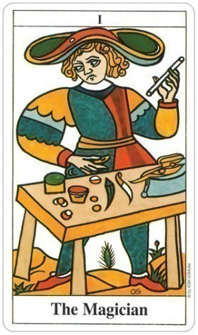 Tarot card featuring 'The Magician' with a person at a table surrounded by various objects.