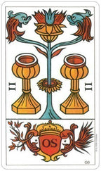 Decorative card with a central floral design and two cups on either side, featuring a coat of arms at the bottom.