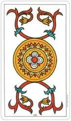 Decorative card with a central circular design and floral elements on a white background