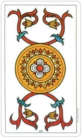 Decorative card with a central circular design and floral elements on a white background