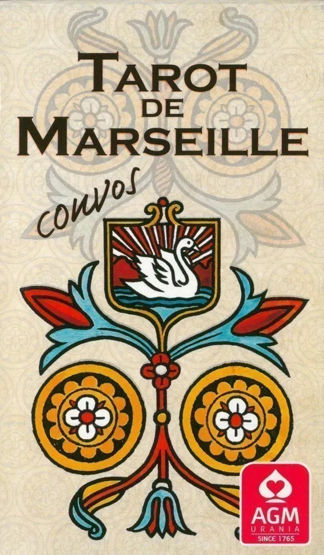 Cover of Tarot de Marseille cards with decorative elements and AGM logo.