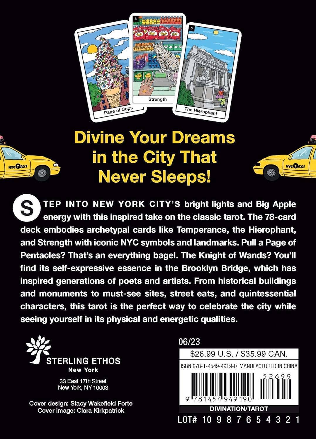 Back cover of a book or card deck packaging with text and images of cards.