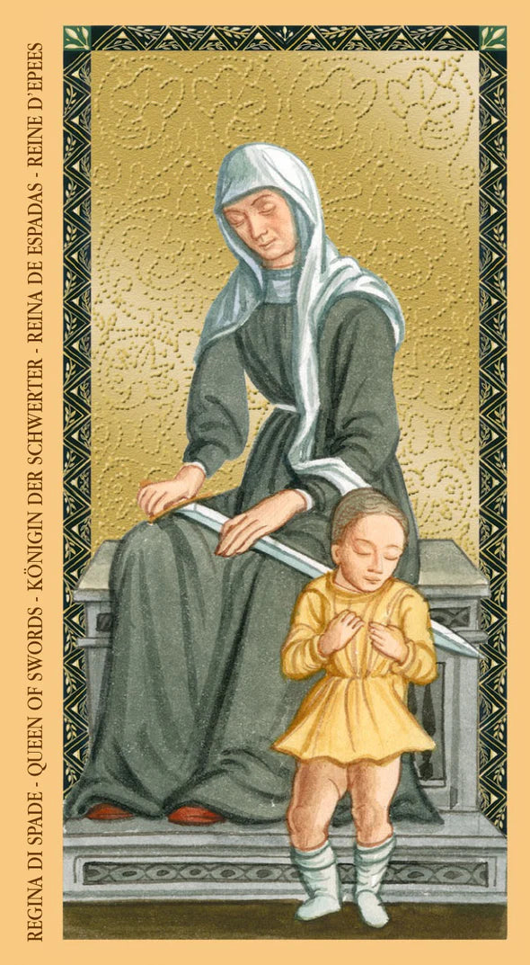 Illustration of a woman and a child in a classical style with a decorative border.