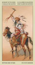 Card featuring a Native American warrior on horseback with a spear, labeled 'Knight of Wands' from a tarot deck.