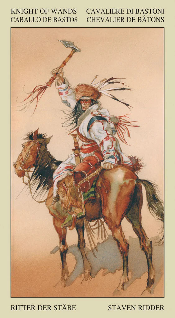 Card featuring a Native American warrior on horseback with a spear, labeled 'Knight of Wands' from a tarot deck.
