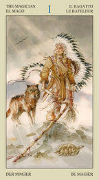 Tarot card featuring a Native American figure with a wolf and broomstick on a beige background