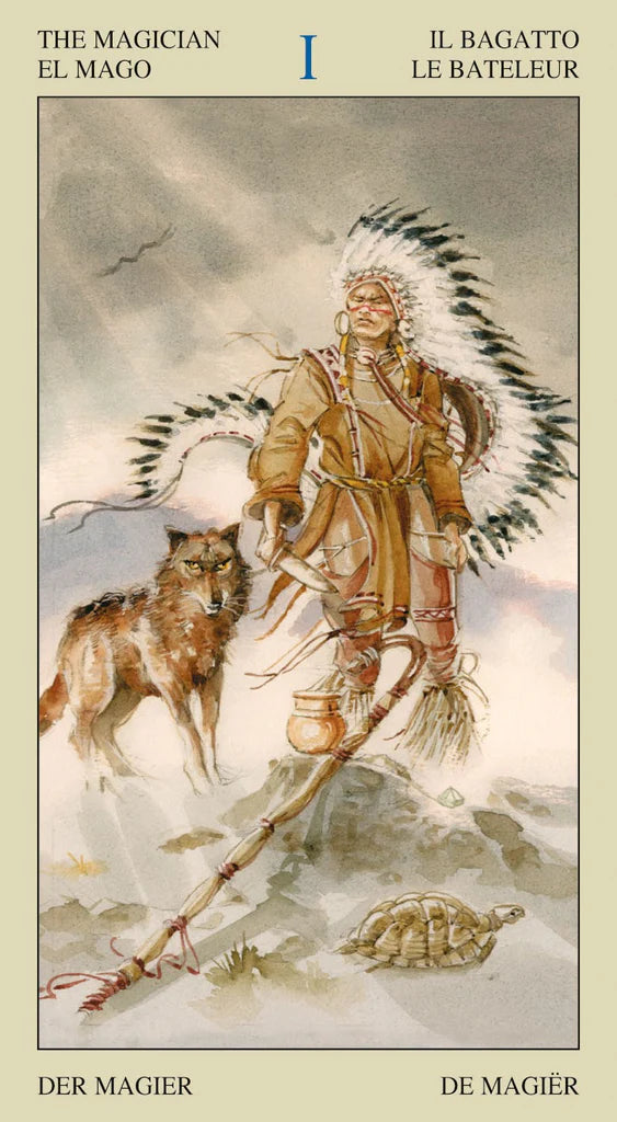 Tarot card featuring a Native American figure with a wolf and broomstick on a beige background