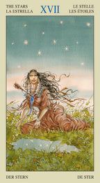 Tarot card featuring a woman sitting by a pool with stars in the sky