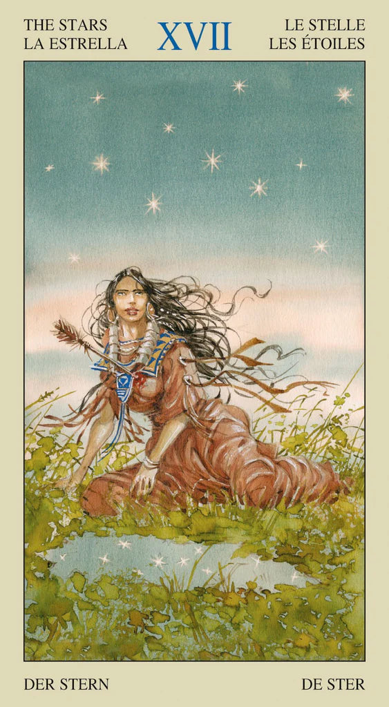 Tarot card featuring a woman sitting by a pool with stars in the sky