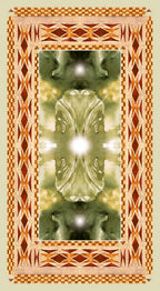 Decorative design with a central green figure surrounded by geometric patterns on a beige background