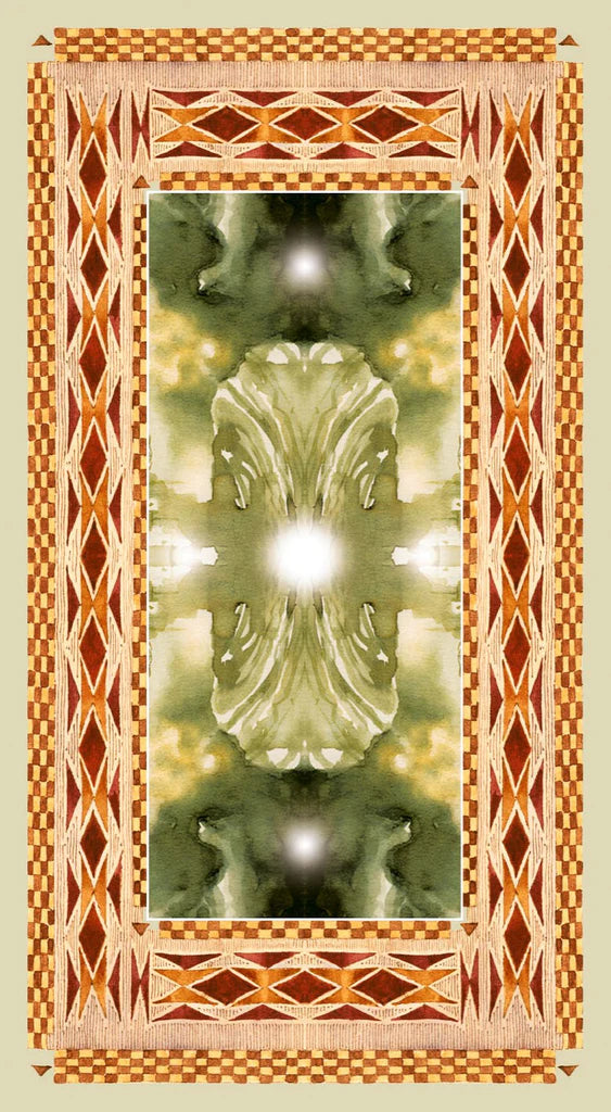 Decorative design with a central green figure surrounded by geometric patterns on a beige background