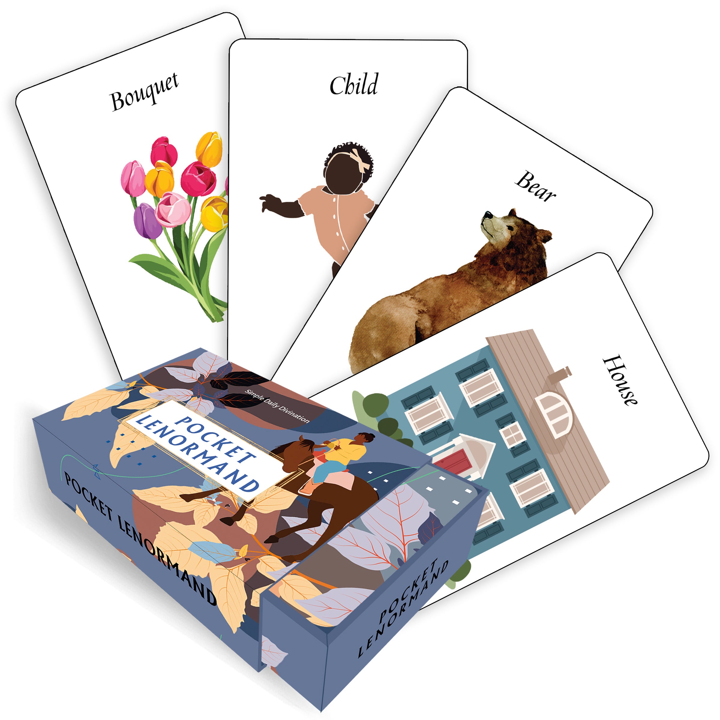 Pocket Lenormand card set with illustrations of a bouquet, child, bear, and house on a white background.