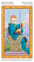 Tarot card featuring a cat in royal attire holding a sword, framed with decorative elements.