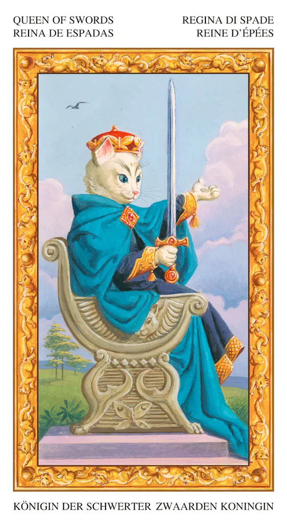 Tarot card featuring a cat in royal attire holding a sword, framed with decorative elements.