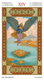 Decorative tarot card titled 'La Temperanza' with artistic depiction of an angel and landscape.