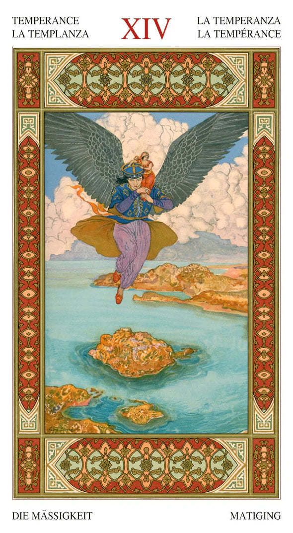 Decorative tarot card titled 'La Temperanza' with artistic depiction of an angel and landscape.
